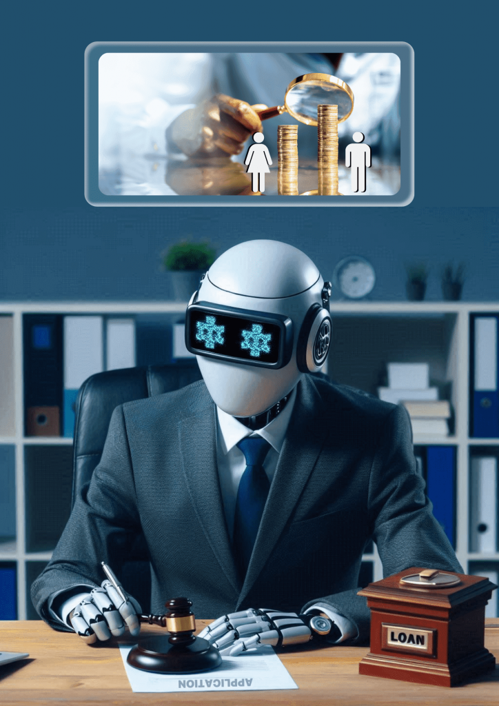 A robot AI wearing a business suit and a blindfold sits at a desk, stamping loan approvals.