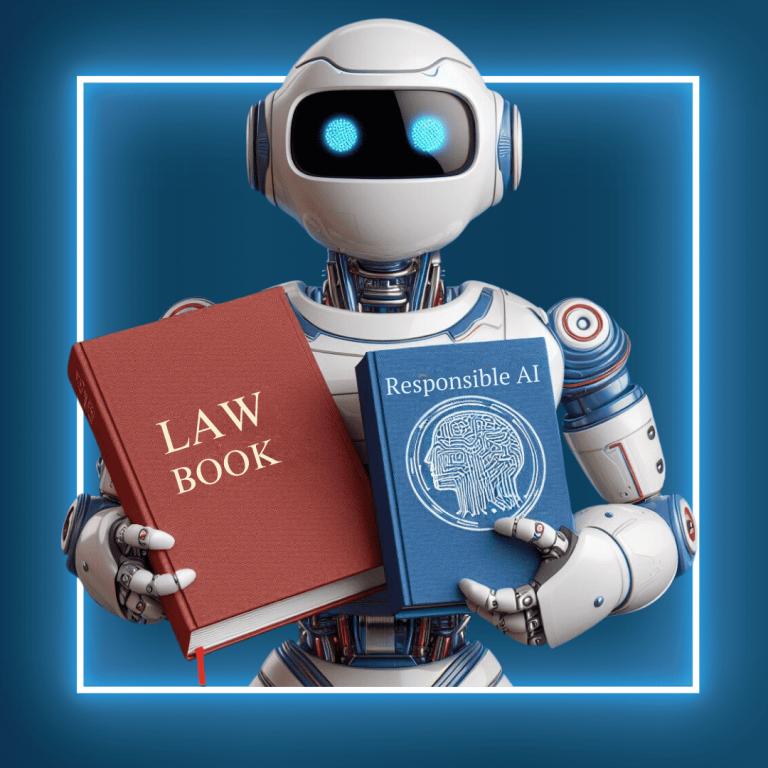 Robot holding Law Book in one hand and another book titled Responsible AI