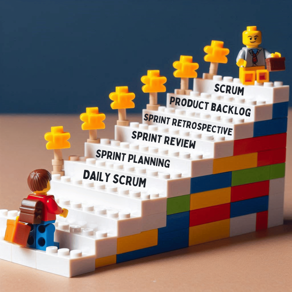 a Lego person building a miniature staircase out of Lego bricks. Each step of the staircase is labeled with a different Scrum concept