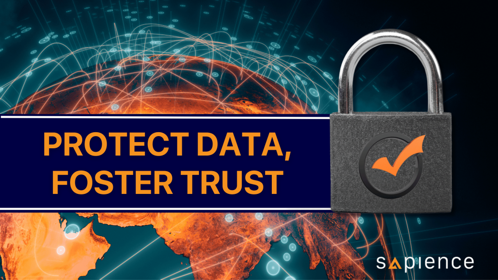 A padlock with a checkmark symbol on it, hovering over a globe with data streams flowing around it with Sapience logo trademark
