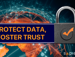 A padlock with a checkmark symbol on it, hovering over a globe with data streams flowing around it with Sapience logo trademark