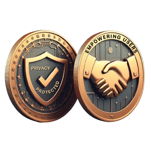 2 coins side by side with two distinct sides. One side depicts a shield with a checkmark (representing data privacy) and the other side depicts a handshake (representing digital trust).