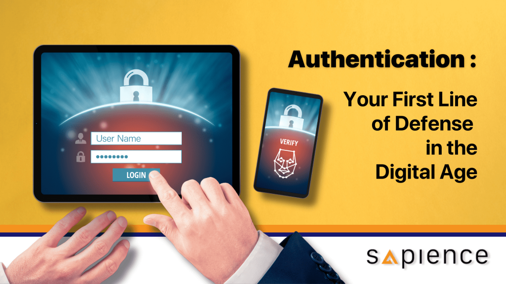 Image of a pair of hands accessing password with user name and password on tablet and beside with mobile phone with face recognition verification. This image represents the importance of strong authentication in protecting your online security.