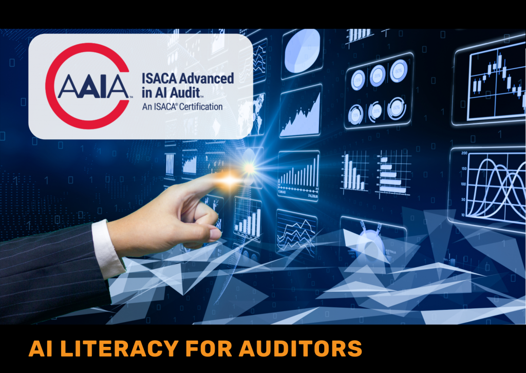 A person's hand reaches out to touch a glowing blue holographic digital display showing various data charts, graphs, and network connections. The AAIA (ISACA Advanced in AI Audit) logo is visible in the top left. This image symbolizes auditors acquiring AI literacy and bridging the skills gap