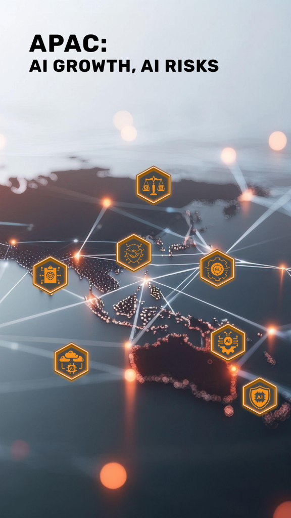 A digital map of the Asia-Pacific (APAC) region with glowing interconnected lines and hexagonal icons representing various aspects of AI, such as growth, governance, and security. The text overlay reads "APAC: AI GROWTH, AI RISKS."
