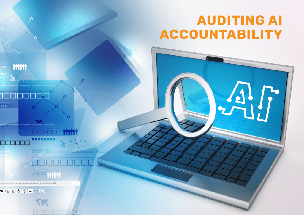 A silver laptop displays "AI" written in a stylized font on its screen, with a large magnifying glass hovering over it, symbolizing the audit and scrutiny of artificial intelligence. The background features abstract blue digital elements. The text overlay reads "AUDITING AI ACCOUNTABILITY."