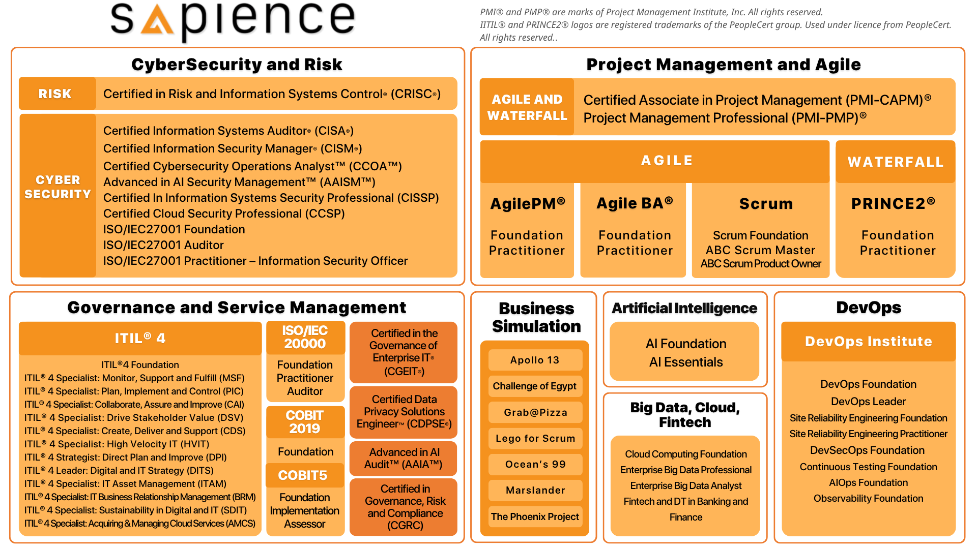 Organizational chart of Sapience Consulting's training services, including certifications like CISM, CISSP, ITIL, PMP, COBIT, and DevOps Institute offerings across various IT domains.