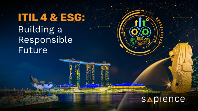 A nighttime panoramic view of the Singapore skyline, featuring Marina Bay Sands and the Merlion statue. Digital network lines and a prominent glowing orange circular icon with "ESG" and gear symbols are overlaid. The text overlay reads "ITIL 4 & ESG: Building a Responsible Future." The Sapience Consulting logo is in the bottom right corner.