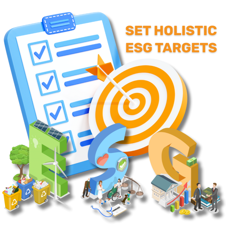 An isometric illustration featuring large, stylized letters E, S, and G, surrounded by icons relevant to each domain. Environmental icons include a tree, recycling bins, solar panels, and a wind turbine. Social icons depict people, healthcare, and scales of justice. Governance icons show business buildings, law books, and professionals. Dominating the center are a large target with an arrow in the bullseye and a clipboard checklist with checkmarks, symbolizing the setting and achievement of specific and holistic ESG targets. The text overlay reads "SET HOLISTIC ESG TARGETS."
