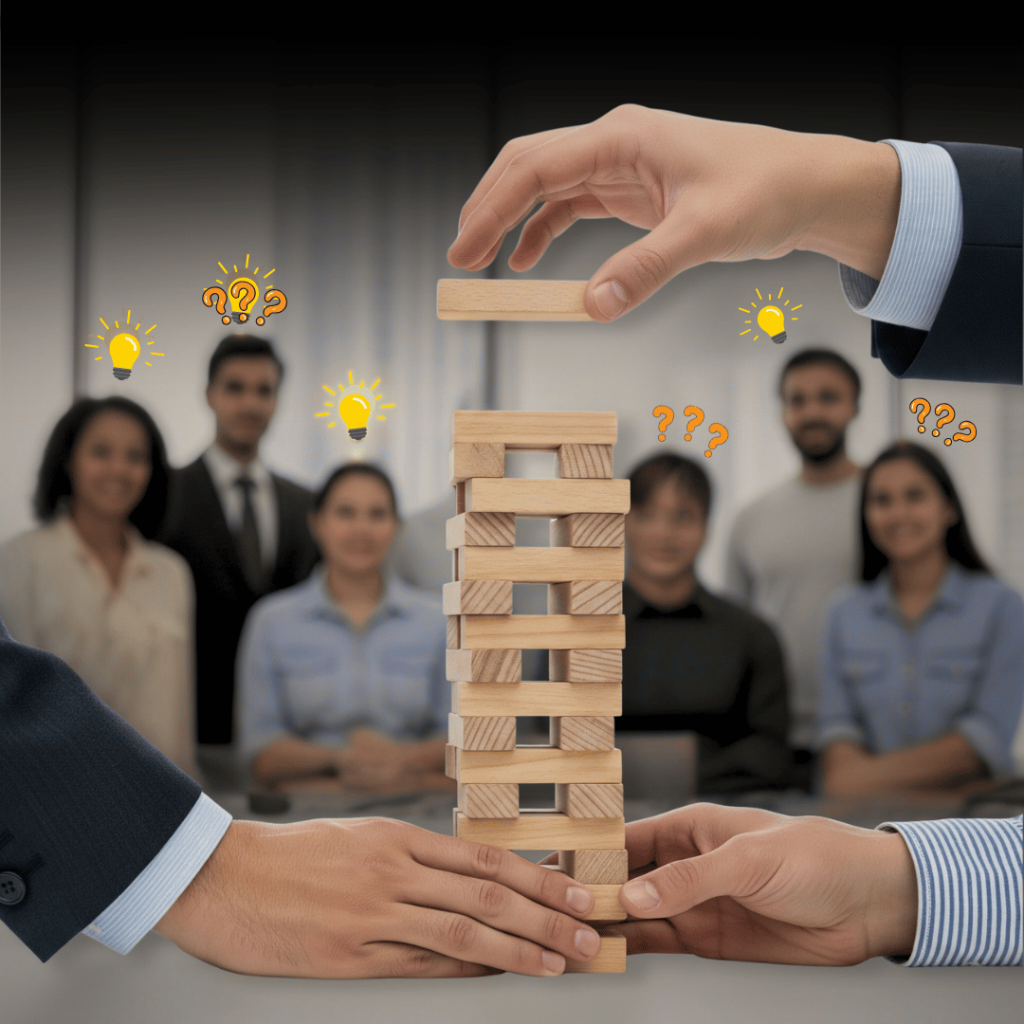 A close-up of people playing a game of Jenga, with one hand carefully placing a block on top of the tower. In the background, a blurred group of people watches, some with glowing light bulbs above their heads (representing new ideas) and others with question marks (representing learning). This symbolizes hands-on implementation support and training.