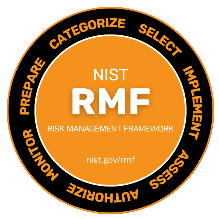 A circular diagram of the NIST Risk Management Framework (RMF). The central orange ring is labeled "NIST RMF," while the outer black ring lists the seven steps: "PREPARE," "CATEGORIZE," "SELECT," "IMPLEMENT," "ASSESS," "AUTHORIZE," and "MONITOR." This represents the cyclical process of the framework.