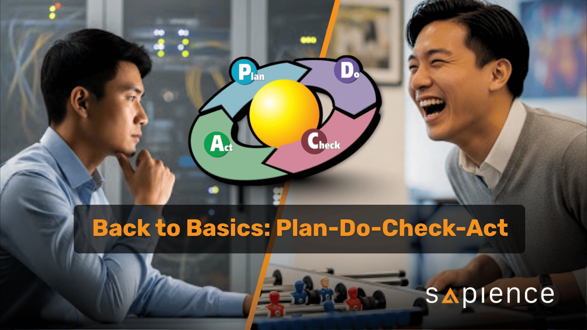 A split image featuring a professional Asian man in an IT setting on the left and the same man laughing while playing foosball on the right. In the center, a circular PDCA (Plan, Do, Check, Act) diagram with a glowing orb acts as a bridge between the two scenes. The text overlay reads "Back to Basics: Plan-Do-Check-Act," and the Sapience logo is in the bottom right corner.