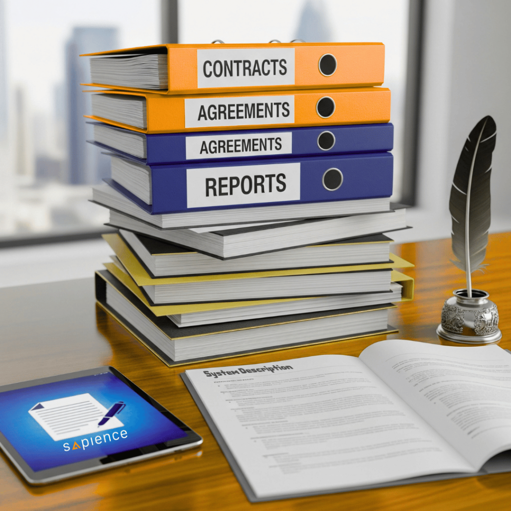 A professional desk with a stack of labeled binders ("CONTRACTS," "AGREEMENTS," and "REPORTS"), an open document, and an antique quill pen. A tablet in the foreground displays a document icon with a pen, symbolizing the combination of physical and digital policy development and documentation. The image also includes the Sapience logo.