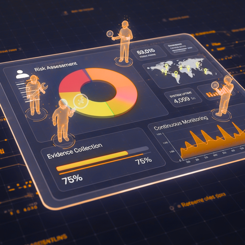 A futuristic digital dashboard displayed on a transparent tablet. The dashboard shows a pie chart for "Risk Assessment," a progress bar for "Evidence Collection" at 75%, and a real-time graph for "Continuous Monitoring." Holographic icons of a team are interacting with the dashboard. The text overlay reads "Preparing for Success Your Roadmap to SOC Compliance," symbolizing a clear plan for achieving SOC compliance.
