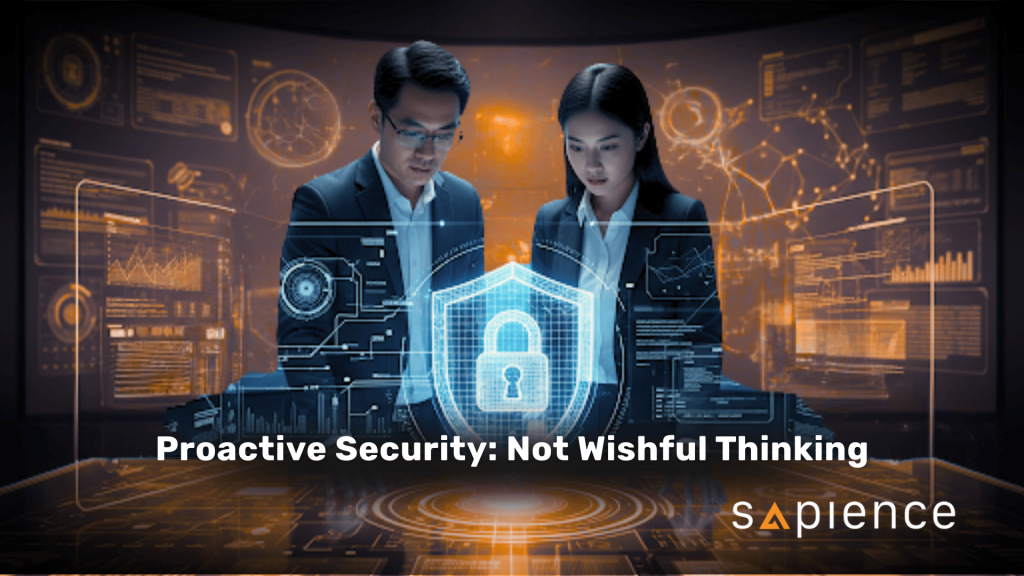 Two Asian cybersecurity professionals, a man and a woman, look at a holographic interface displaying a digital blueprint with a large shield and lock icon at its center, representing security by design