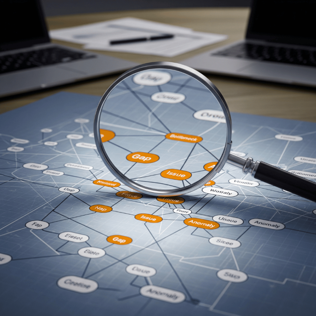 A magnifying glass hovers over a complex network diagram or flowchart, pinpointing nodes highlighted in orange and labeled "Gap," "Issue," and "Anomaly." The image symbolizes a detailed readiness assessment and gap analysis to identify problems.
