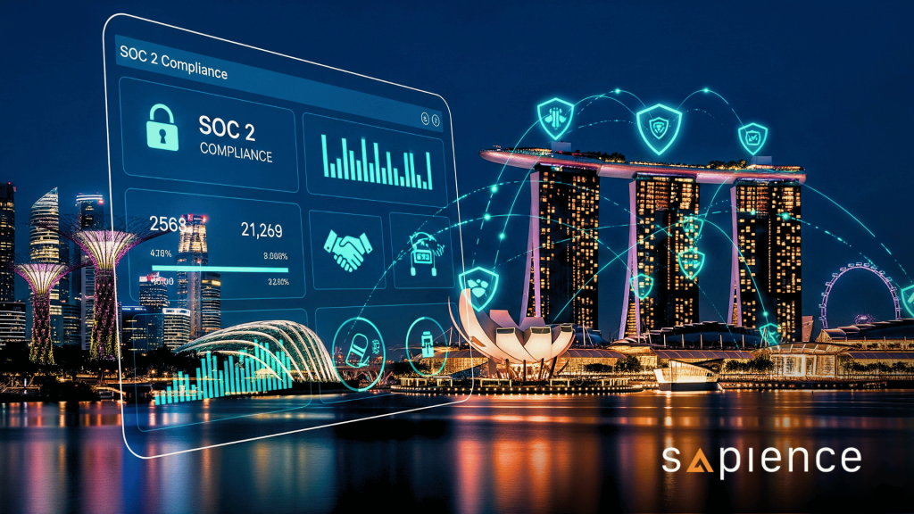 A futuristic illustration of the Singapore skyline at night. The city is connected by digital lines of data. In the foreground, a glowing user interface displays cybersecurity and compliance metrics, symbolizing the role of SOC 2 in building trust within Singapore’s interconnected business ecosystem.
