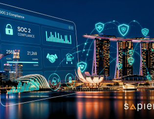 A futuristic illustration of the Singapore skyline at night. The city is connected by digital lines of data. In the foreground, a glowing user interface displays cybersecurity and compliance metrics, symbolizing the role of SOC 2 in building trust within Singapore’s interconnected business ecosystem.