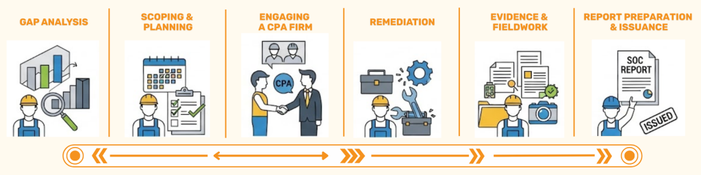 A horizontal infographic illustrating the six key phases of a SOC audit journey. The phases are, from left to right: Gap Analysis (represented by a magnifying glass on a chart), Scoping & Planning (a calendar and checklist), Engaging a CPA Firm (a handshake with a CPA icon), Remediation (a toolkit with a gear), Evidence & Fieldwork (documents and a camera), and Report Preparation & Issuance (a person holding a "SOC Report" document with an "Issued" stamp).