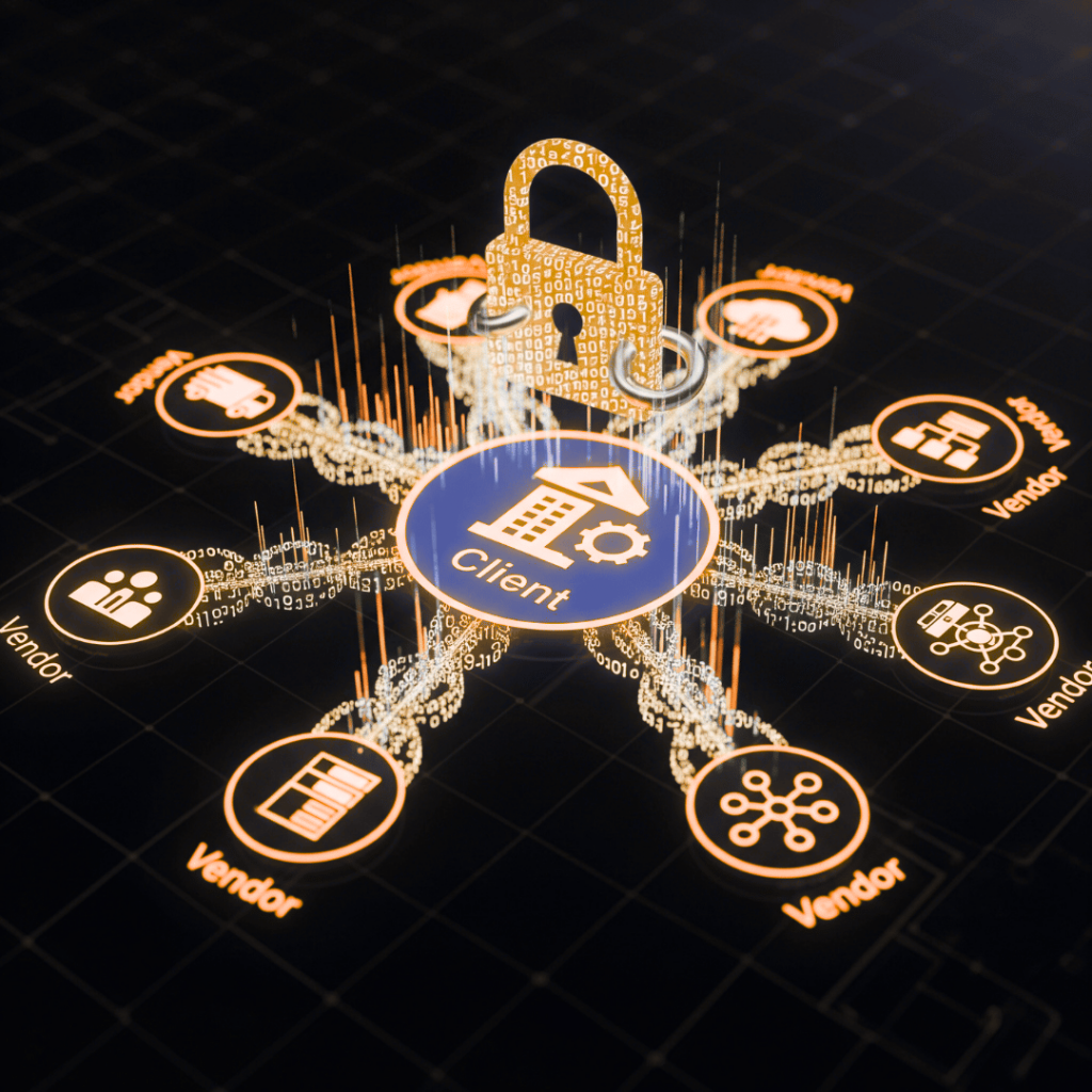 A central circular icon labeled "Client" is connected to six surrounding circular icons labeled "Vendor" by glowing digital chains or lines of data. A large padlock icon in the center, with binary code, symbolizes the security and oversight of the vendor ecosystem. The overall image represents a well-managed and secure vendor management program.