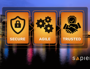 A three-panel graphic over a glowing city skyline at night. The panels show a shield with a lock, a set of gears, and a handshake, with the words "Secure," "Agile," and "Trusted" underneath, respectively. It represents the key benefits of ISO/IEC 27001.
