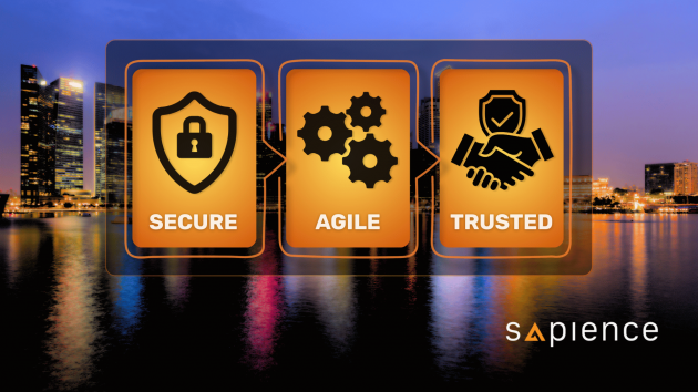 A three-panel graphic over a glowing city skyline at night. The panels show a shield with a lock, a set of gears, and a handshake, with the words "Secure," "Agile," and "Trusted" underneath, respectively. It represents the key benefits of ISO/IEC 27001.
