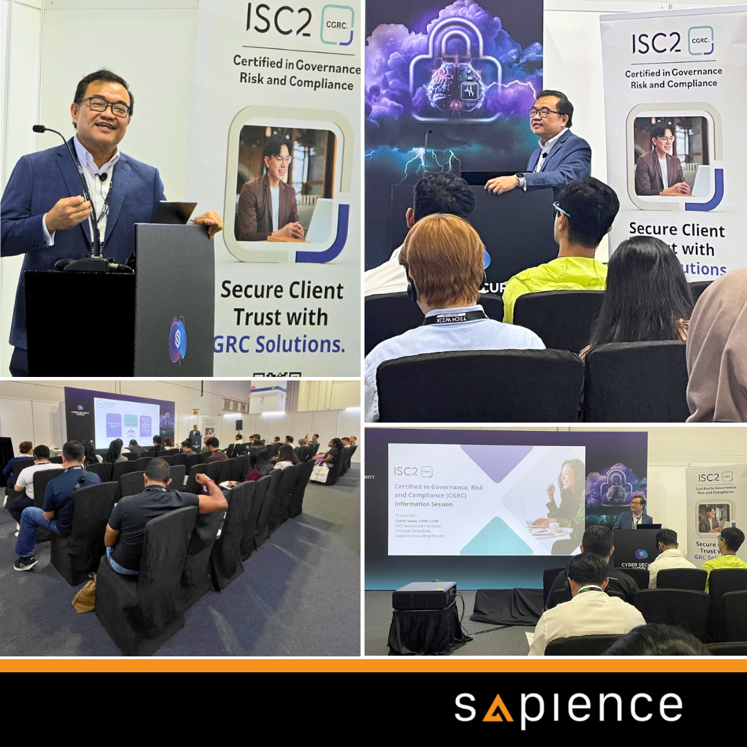 A four-panel composite image showcasing a professional trainer, Lionel, delivering presentations at various cybersecurity and GRC events. The top-left panel shows him speaking from a podium. The top-right and bottom-right panels show him presenting to an audience, with banners featuring "ISC2 CGRC Certified in Governance, Risk and Compliance" and "Secure Client Trust with GRC Solutions." The bottom-left panel shows a wider view of an audience engaged in a presentation. The overall image conveys expert-led, real-world training in GRC and cybersecurity.