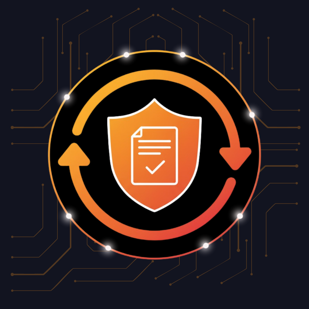 "An icon representing Effective Operationalization, featuring a central shield containing a document with a checkmark, surrounded by two circular arrows indicating a continuous process. The icon is rendered in orange brand colors against a dark background with subtle circuit lines."