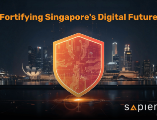 A vibrant, glowing orange digital shield with circuit patterns, superimposed over the illuminated Singapore skyline at night. The text 'Fortifying Singapore's Digital Future' is at the top, and 'Sapience' logo is at the bottom right.