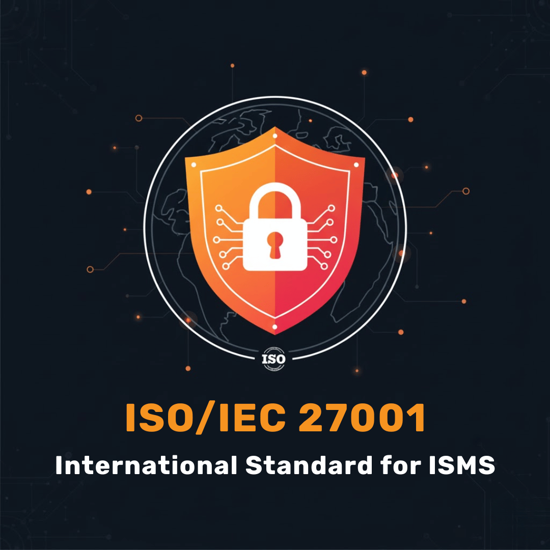 A graphic icon symbolizing ISO 27001, featuring a globe within a padlock and the ISO emblem, highlighted with brand colors.