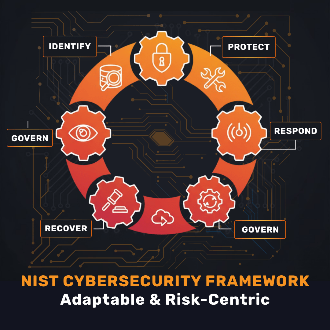 A graphic icon symbolizing the NIST Cybersecurity Framework, showing interconnected gears or a cycle representing its core functions (Identify, Protect, Detect, Respond, Recover, Govern), highlighted with brand colors.
