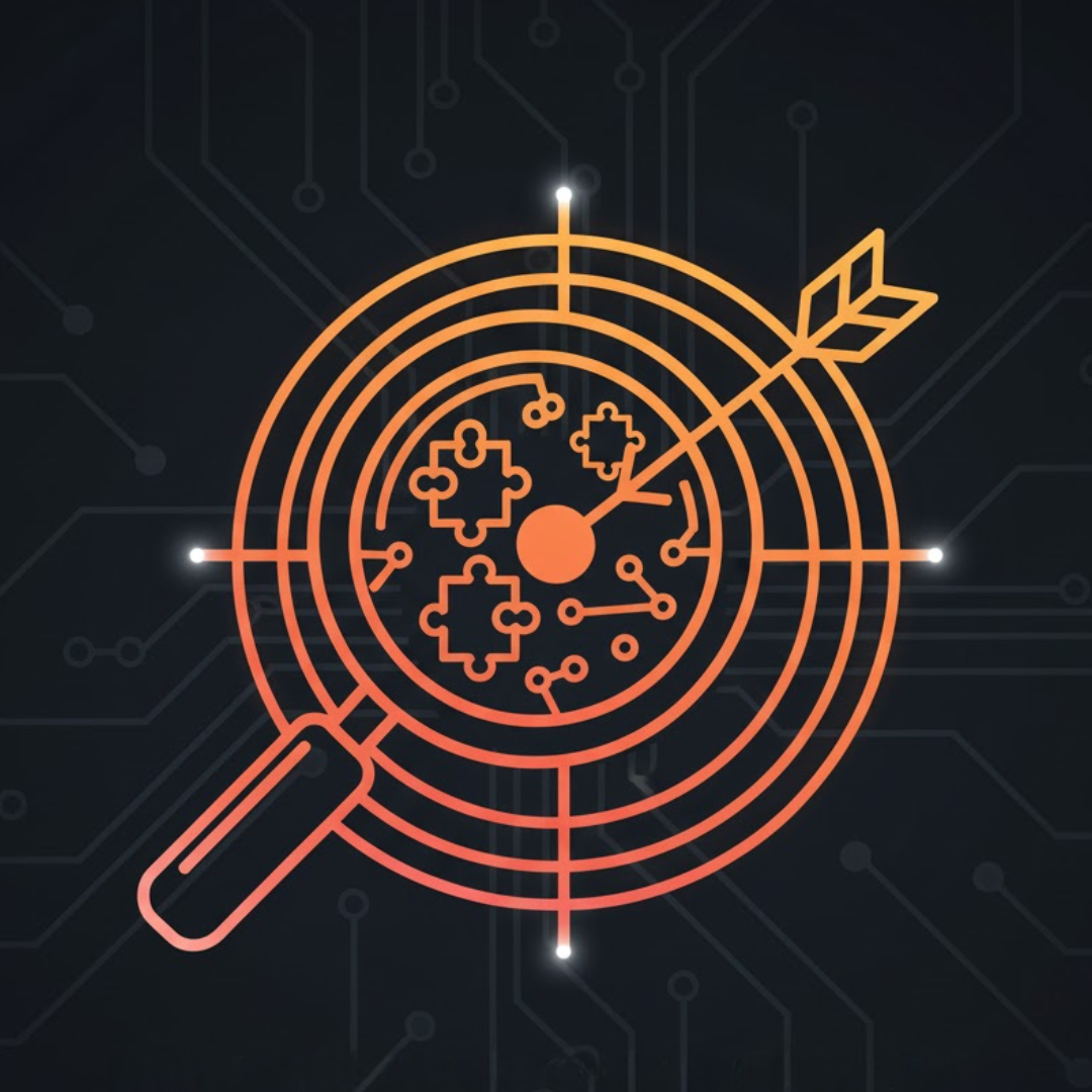 An icon representing Strategic Selection, featuring a magnifying glass over a bullseye target with an arrow hitting the center, and small puzzle pieces and circuit lines within, all in orange brand colors.