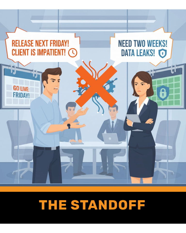 Cartoon illustration of a male project manager and a female data protection officer standing opposite each other at a boardroom table, pointing at a central holographic project display. Thought bubbles above them show a lightning bolt separating "Next Friday Deadline" with a calendar icon, and "2 Weeks" for the DPO, symbolizing their clashing priorities.