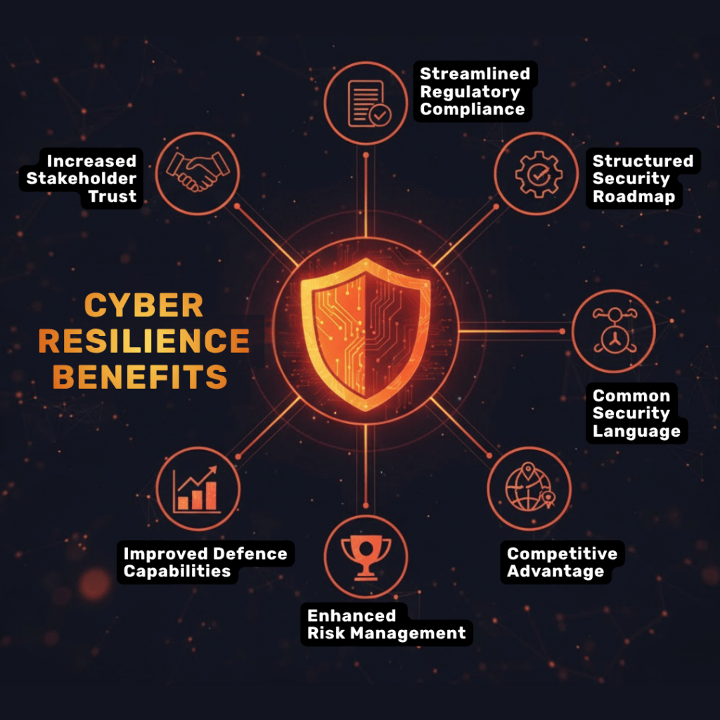 "An infographic titled 'Cyber Resilience Benefits,' showing a central digital shield radiating lines to seven orange icons, each representing a key benefit: Increased Stakeholder Trust, Streamlined Regulatory Compliance, Structured Security Roadmap, Common Security Language, Competitive Advantage, Enhanced Risk Management, and Improved Defence Capabilities."