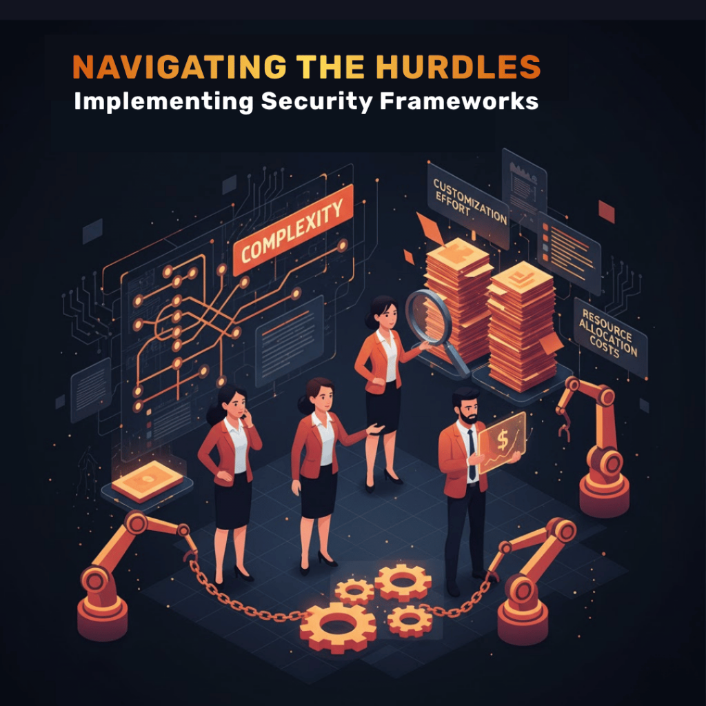 An illustration showing challenges in implementing security frameworks, depicting elements like complex documentation, budget constraints, and intricate processes.