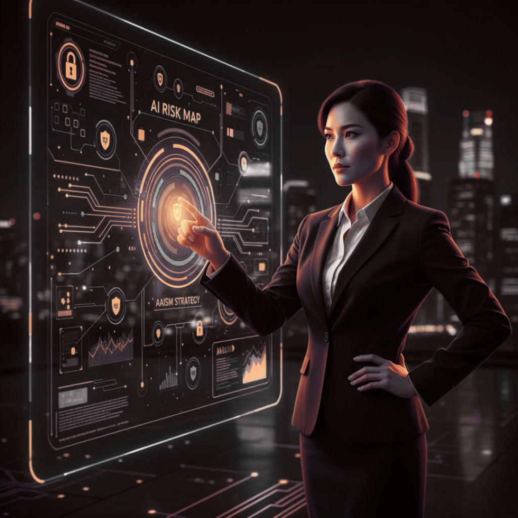 A confident, professional Asian woman in a business suit stands in a dark, high-tech environment with a city skyline visible in the background. She is interacting with a large, glowing, holographic screen that displays an 'AI Risk Map,' cybersecurity icons, digital circuits, and graphs. Text labels on the screen include 'AAISM Strategy.' The image represents a leader mastering complex AI security and risk management.