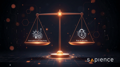 A digital illustration of a balanced scale, symbolizing the need to balance the power of Generative AI (represented by a lightbulb) against the risks of cybersecurity and governance (represented by a digital lock).