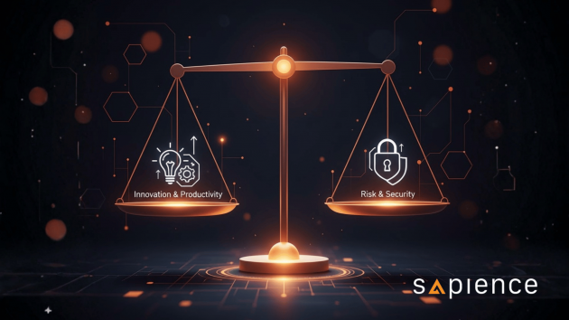 A digital illustration of a balanced scale, symbolizing the need to balance the power of Generative AI (represented by a lightbulb) against the risks of cybersecurity and governance (represented by a digital lock).