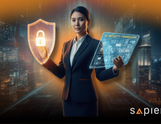 A professional woman in a suit standing in front of a futuristic, dark cityscape, holding a glowing orange digital shield with a lock on her left and a transparent tablet displaying an 'AI Security Framework' on her right. The Sapience logo is in the bottom right corner.