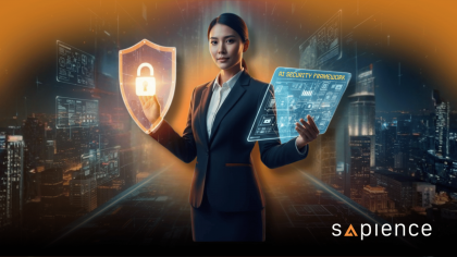 A professional woman in a suit standing in front of a futuristic, dark cityscape, holding a glowing orange digital shield with a lock on her left and a transparent tablet displaying an 'AI Security Framework' on her right. The Sapience logo is in the bottom right corner.