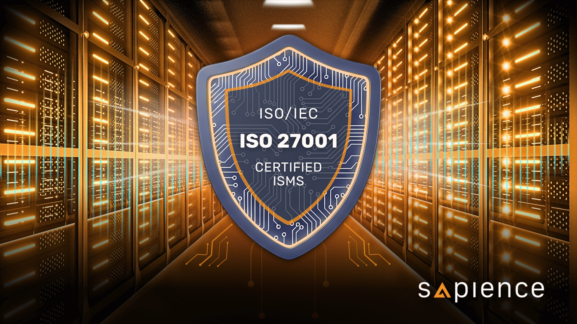 A digital illustration of a strong blue and orange shield, featuring the text 'ISO/IEC 27001 Certified ISMS' and a circuit board pattern, placed prominently in the center of a brightly lit data center aisle with glowing server racks. The image symbolizes information security and compliance protection within critical infrastructure.