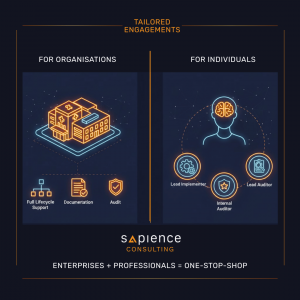 An infographic titled 'Tailored Engagements' split into two sections. The left side, 'For Organisations,' features an isometric icon of a building (healthcare/startup) with icons for 'Full Lifecycle Support,' 'Documentation,' and 'Audit.' The right side, 'For Individuals,' shows a silhouette of a person with a glowing brain, surrounded by credentials for 'Lead Implementer,' 'Internal Auditor,' and 'Lead Auditor.' At the bottom, the Sapience Consulting logo appears above the text: 'ENTERPRISES + PROFESSIONALS = ONE-STOP-SHOP.'