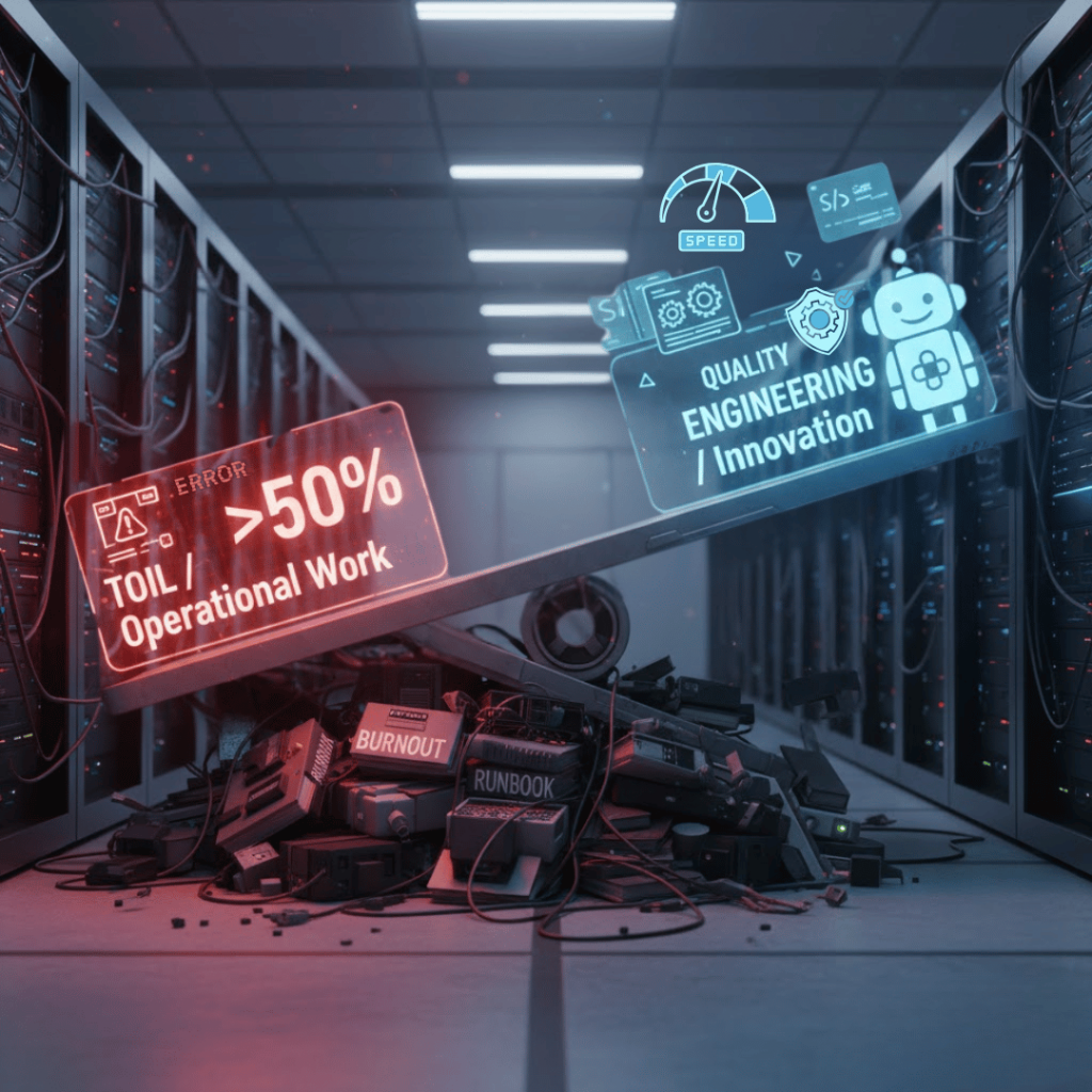 A visual of an unbalanced digital scale or seesaw in a server room aisle. The left side is heavily weighed down by a pile of discarded hardware labeled 'Runbook' and 'Burnout,' with a screen overlay showing the warning '>50% TOIL / Operational Work' and 'ERROR'. The right side is elevated and features a clean holographic screen labeled 'QUALITY ENGINEERING / Innovation' with icons for speed, robots, and security. This symbolizes the negative impact of exceeding the 50% operational toil threshold.