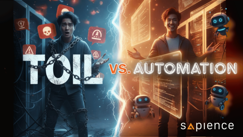 A dramatic split image visually contrasting 'TOIL' and 'AUTOMATION' with a bolt of lightning between them. On the left (TOIL), an Asian male engineer is shown stressed and chained amidst server racks, surrounded by red alert and skull icons. On the right (AUTOMATION), the same engineer is smiling, holding a transparent screen of code, with helpful blue robots around him, symbolizing efficiency and freedom from manual work. The Sapience logo is in the bottom right.