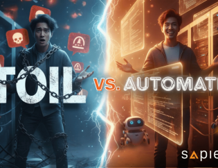 A dramatic split image visually contrasting 'TOIL' and 'AUTOMATION' with a bolt of lightning between them. On the left (TOIL), an Asian male engineer is shown stressed and chained amidst server racks, surrounded by red alert and skull icons. On the right (AUTOMATION), the same engineer is smiling, holding a transparent screen of code, with helpful blue robots around him, symbolizing efficiency and freedom from manual work. The Sapience logo is in the bottom right.