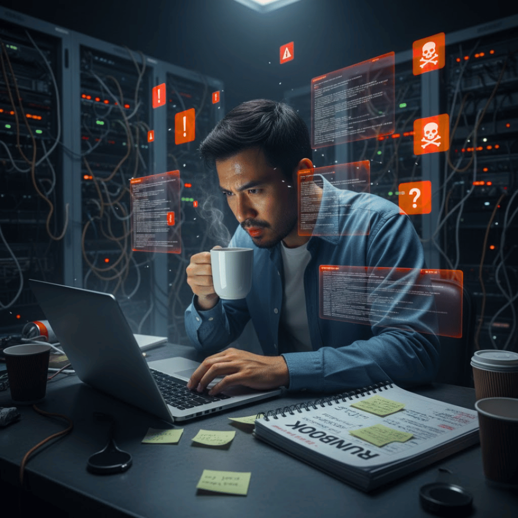 A dramatic, filmic image of a stressed Asian engineer working late in a dimly lit server room, hunched over a laptop and holding a coffee mug. Several holographic pop-up windows display critical alerts, code, and skull icons, conveying the drudgery of being interrupt-driven. A thick runbook and multiple empty coffee cups are visible on the desk, symbolizing repetitive, manual operational work