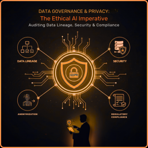 A professional graphic titled 'DATA GOVERNANCE & PRIVACY: The Ethical AI Imperative' showing a central shield with a GDPR lock. Four surrounding icons represent 'Data Lineage,' 'Security,' 'Anonymization,' and 'Regulatory Compliance.' An auditor stands below, reviewing these pillars on a digital tablet to ensure ethical AI data usage.
