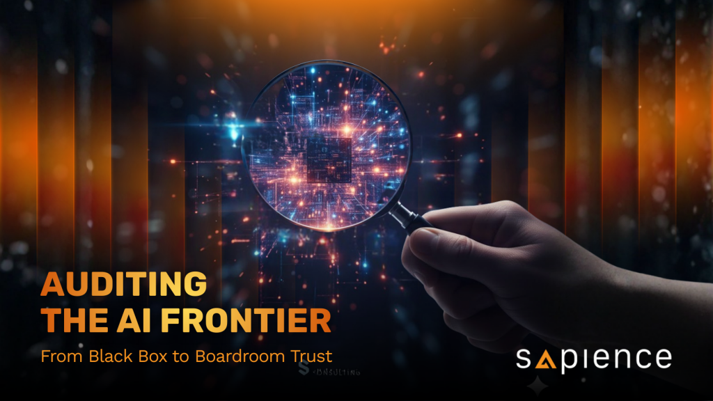 A professional digital graphic for Sapience Consulting featuring a magnifying glass inspecting a glowing neural network. The text reads 'AUDITING THE AI FRONTIER: From Black Box to Boardroom Trust.' It symbolizes the transition from opaque AI systems to transparent executive governance.