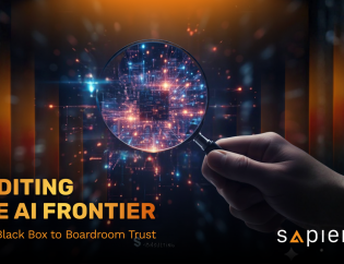 A professional digital graphic for Sapience Consulting featuring a magnifying glass inspecting a glowing neural network. The text reads 'AUDITING THE AI FRONTIER: From Black Box to Boardroom Trust.' It symbolizes the transition from opaque AI systems to transparent executive governance.