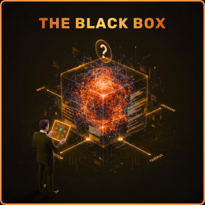 An auditor in a suit uses a digital tablet to inspect a glowing, transparent 'Black Box' cube filled with complex neural network connections. Labels for 'Input,' 'Decision,' and 'Output' surround the cube, illustrating the difficulty of interpreting AI decision paths.